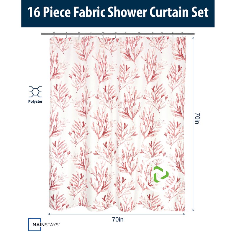 16-Piece Bathroom Set with Shower Curtain Rug Soap Dispenser and Hooks - Pink Coastal Botanical