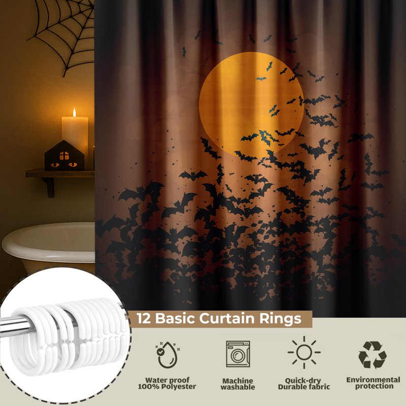 Seasonwood Halloween Shower Curtain with Swirling Bats and Full Moon Waterproof Bathroom Decor - 72x72 with 12 Hooks