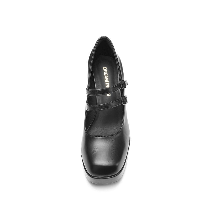 Black PU Double Strap Platform Mary Jane Heels - Women’s Y2K Chunky Block Heels 9.5
