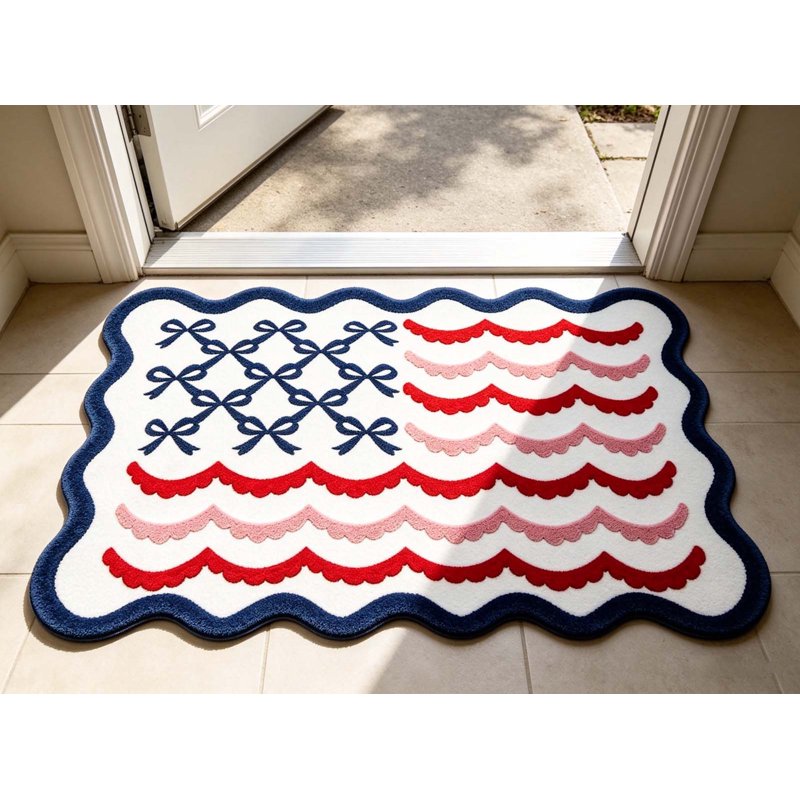 Patriotic Door Mat 4th of July Bow Flag Floor Doormat - 24x35in - Independence Day Welcome Rug - Non Slip Front Porch Decor