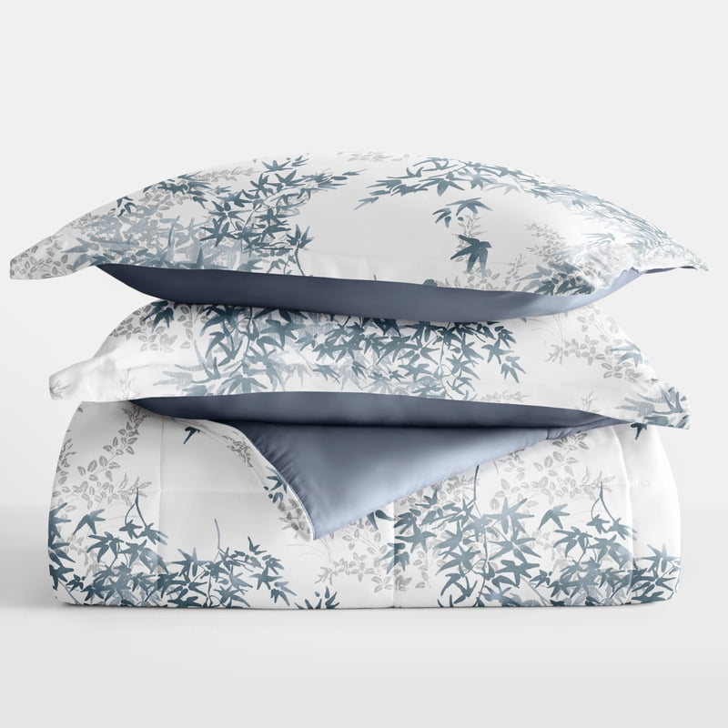 Twin Down Alternative Comforter Set with Bamboo Leaves Pattern - Blue & Stone