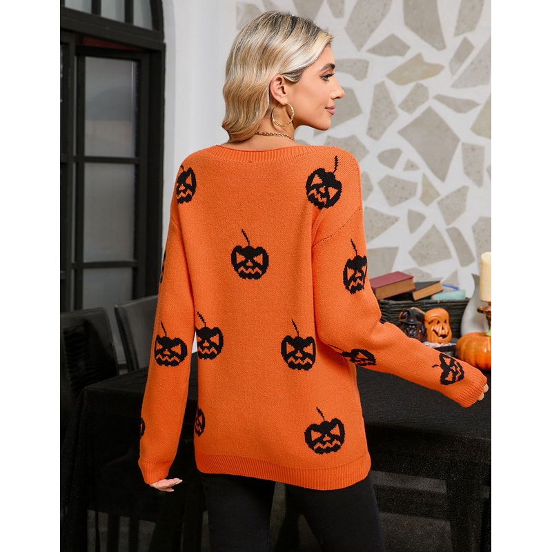 Halloween Pumpkin Ghost Print Women Sweater - Loose Knit Crewneck Pullover, Orange, S