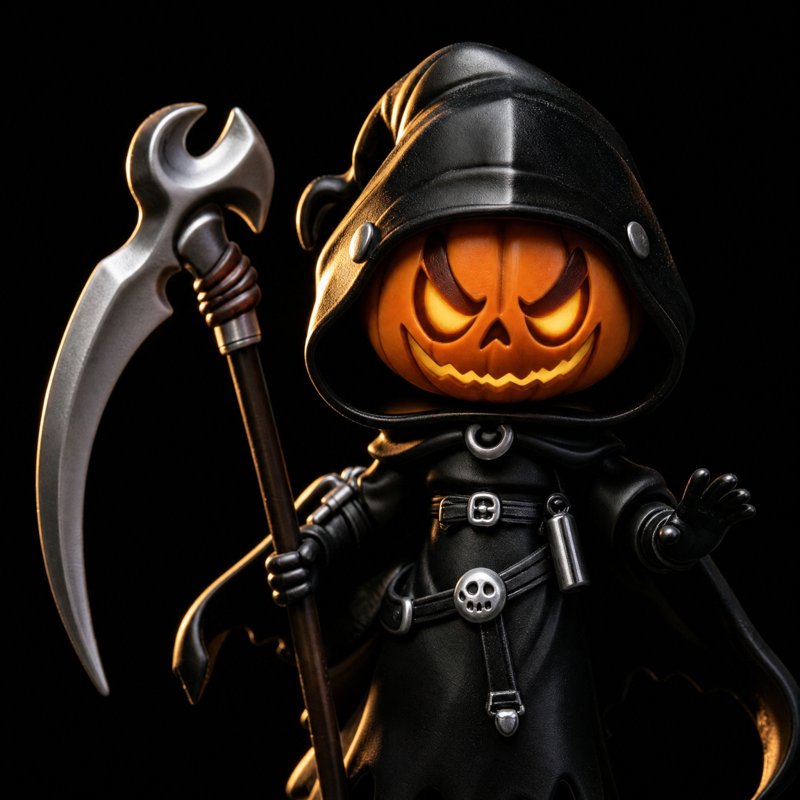 Halloween Pumpkin Grim Reaper Statue with Glowing Head - Hand-Painted Resin Ornament - Black Variation #320