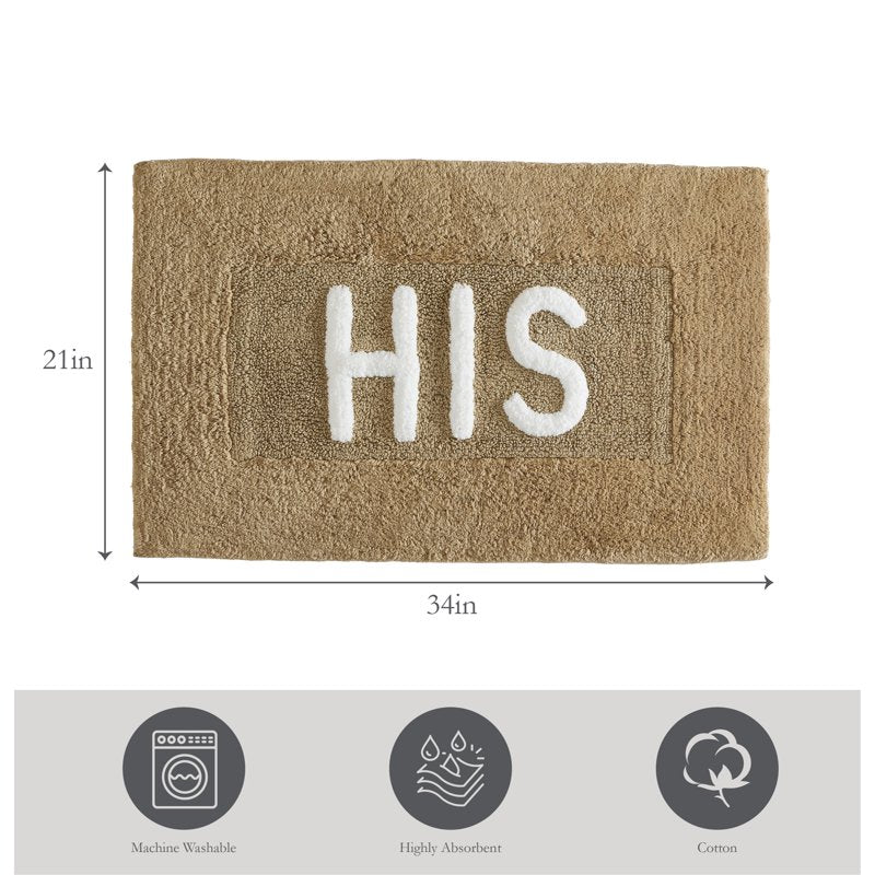 Cotton Bath Rug 21x34 Inches Linen His - Non-Slip Absorbent Bathroom Mat