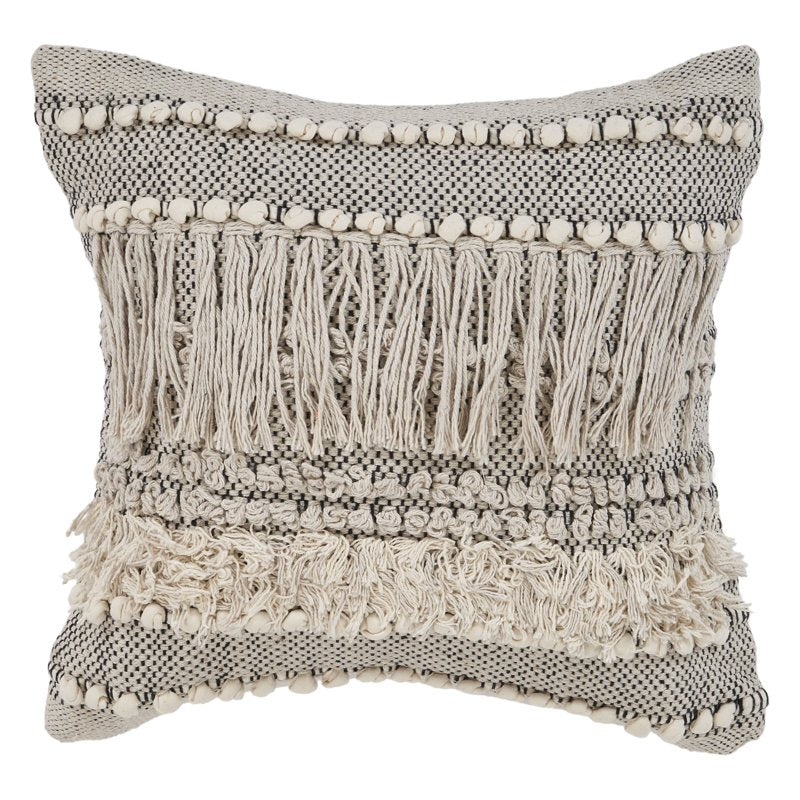20x20 Natural Black Striped Cotton Fringed Throw Pillow - Decorative Accent