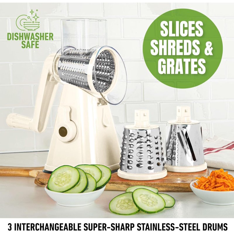 Rotary Cheese Grater with 3 Blades and Suction Cup Base - Cream
