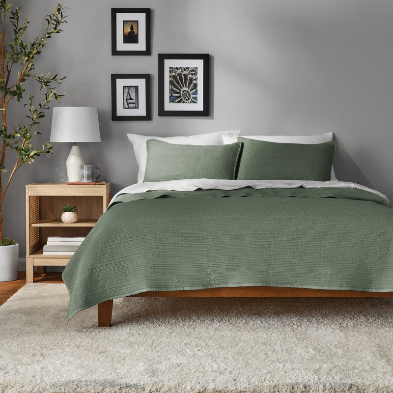 Full/Queen Garment Washed Stripe Quilt - Green Microfiber Bedding