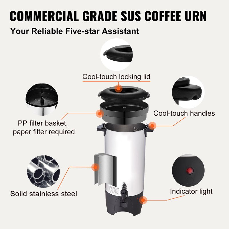 50-Cup Stainless Steel Coffee Urn - Electric Brewing Server