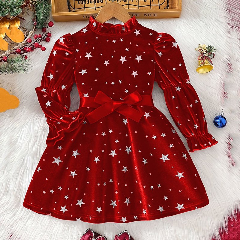 Red Girl Velvet Star Print Dress with Ruffle Hem & Bow Belt - Size 3-4 Years