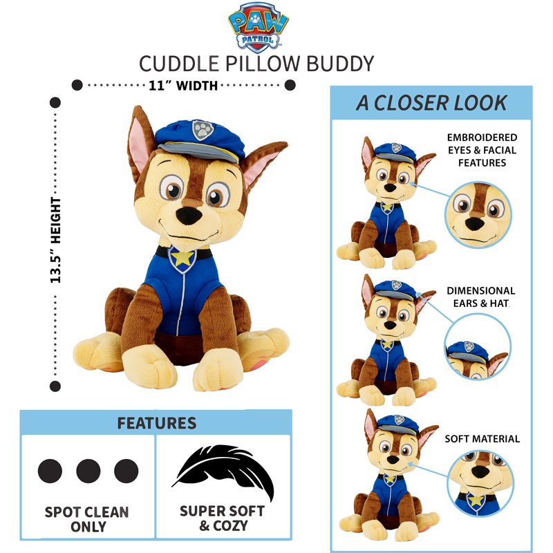Kids Chase Plush Pillow Buddy - Soft Paw Patrol Bedtime Toy, Blue