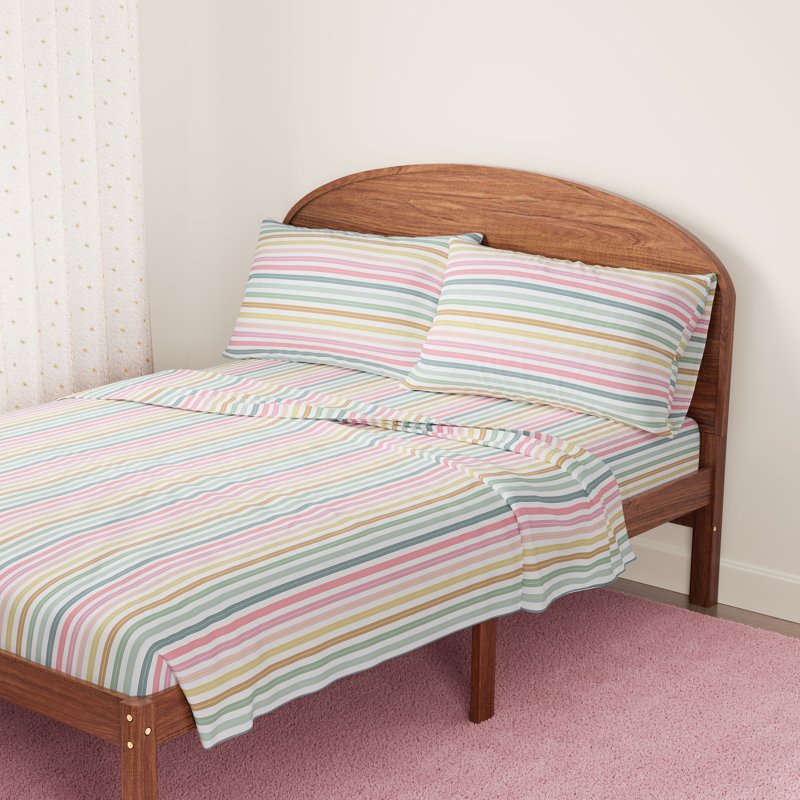 Kids Rainbow Stripe Cotton Percale Bed Sheet Set - Queen, 4 Pieces