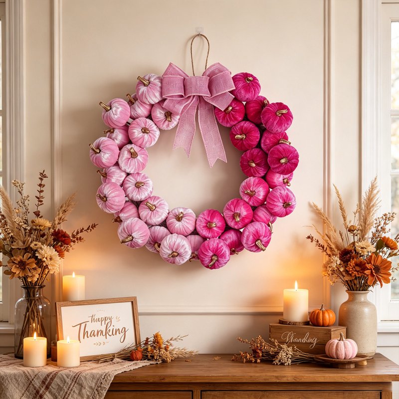 Pink Artificial Pumpkin Wreath with Linen Bow Fall Halloween Thanksgiving Door Decor - Deeceymbur Variation