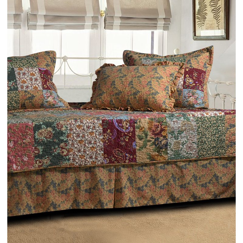 Antique Patchwork Cotton Daybed Set with Quilt and Shams - 5 Pieces