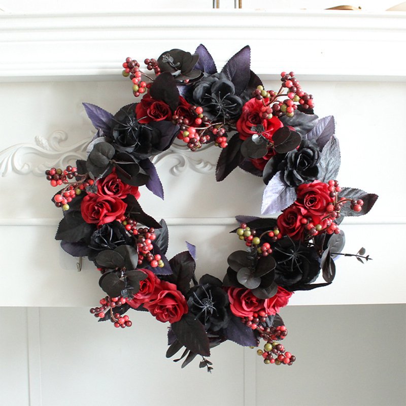 Halloween Front Door Wreath with Roses - 15 Inch Gothic Fall Decor