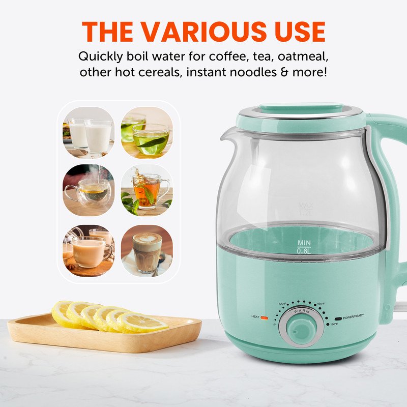 1.25Qt Electric Glass Kettle with Adjustable Temperature and Keep Warm