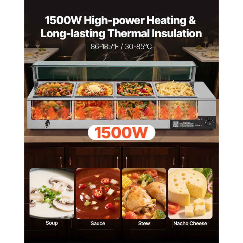 1500W Electric Food Warmer - Stainless Steel Bain Marie with Glass Lid