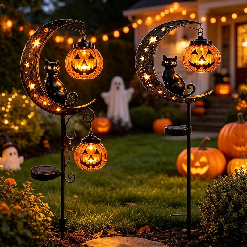 Solar Halloween Black Cat & Pumpkin Moon Garden Stake Light - Outdoor Waterproof Decor A+B
