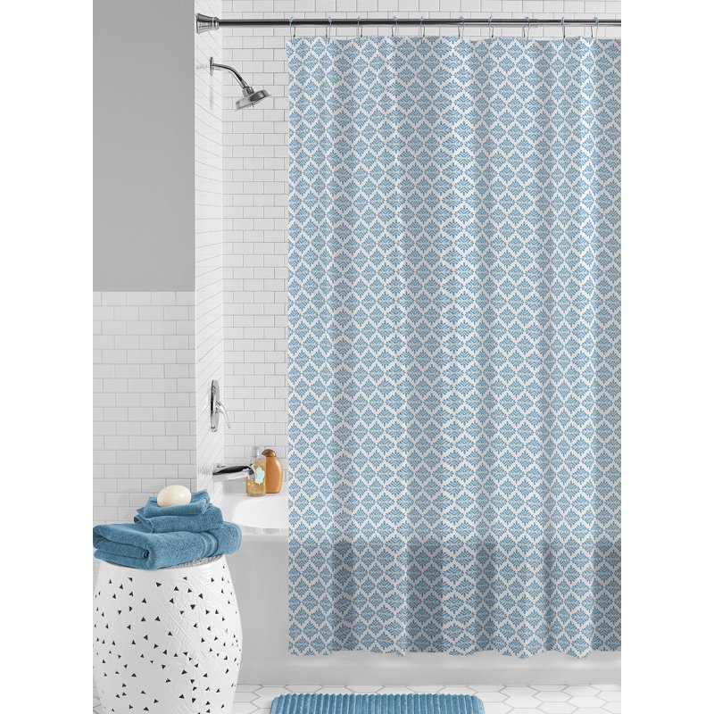 Single Waterproof Blue Medallion Shower Curtain Set with Hooks - 70x72 Inches