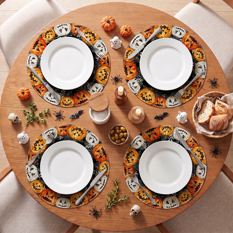 Halloween Placemats Set of 4 - Jack-O'-Lantern Spider Web Round 15 Inch Black G