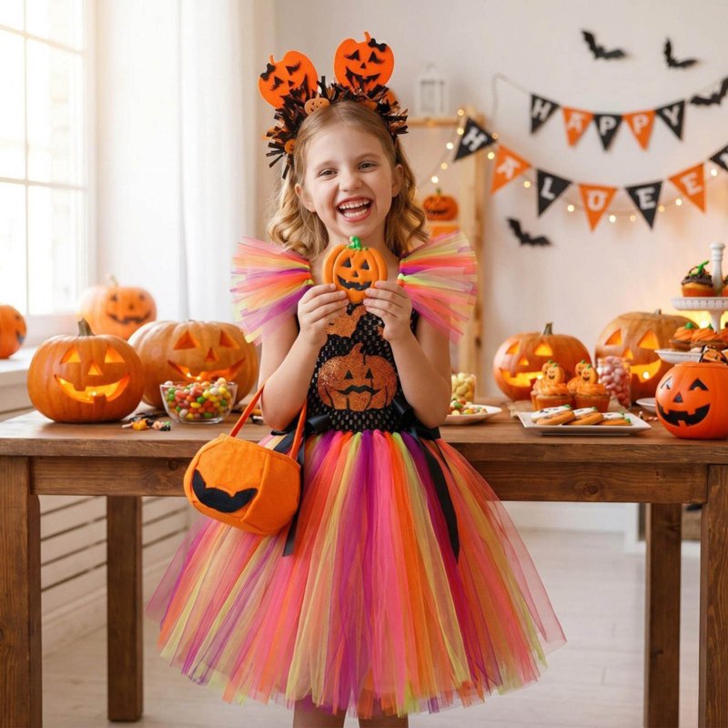 Multicolour Girls Halloween Costume Dress with Accessories for 9-10 Years - Princess Pumpkin Theme