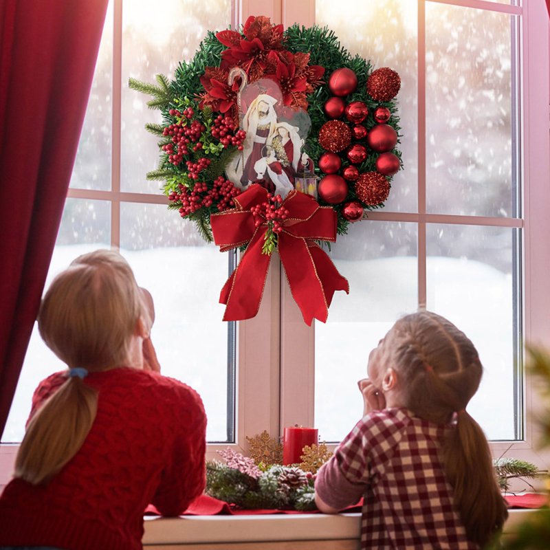 16-Inch Artificial Christmas Wreath with Bow for Front Door Holiday Decor