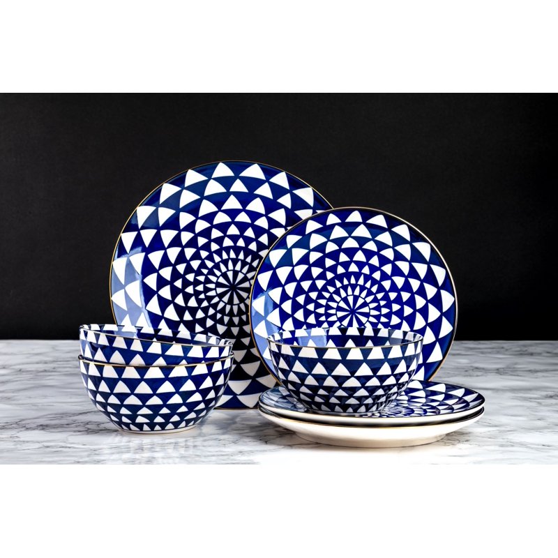 Medallion 12-Piece Ceramic Dinnerware Set - Blue, 3 Pack