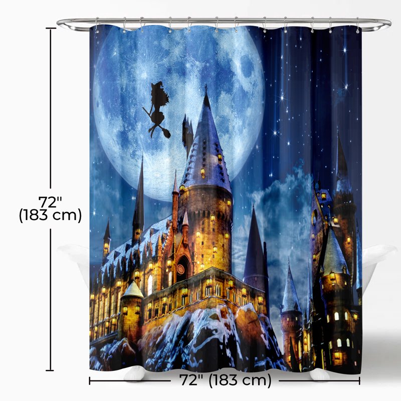 Magical Castle Halloween Shower Curtain Waterproof Bathroom Decor - 72x72 - Blue & Gold - With Flying Witch & Full Moon