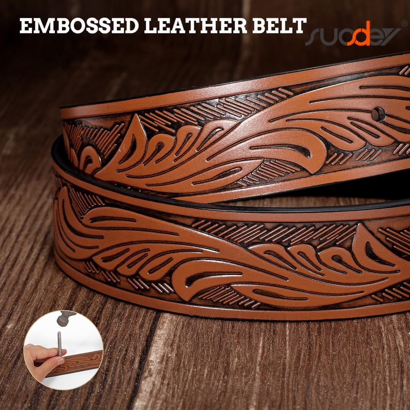 Bronze Cowboy Leather Belt for Men Women 35-38 Inch Waist Western Style Embossed Strap