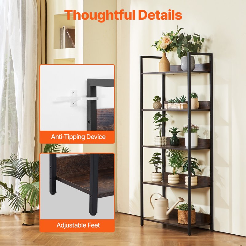 5-Tier Metal Bookcase - Industrial-Style Shelving Unit