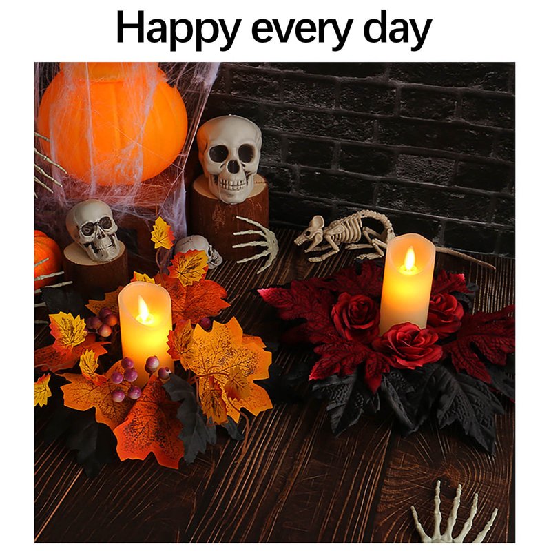 Halloween Candle Wreath with Maple Leaves and Roses - Indoor Outdoor Fall Decor - Variation A
