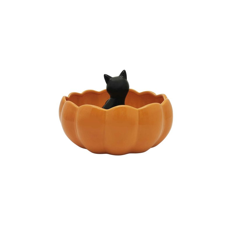 Halloween Ceramic Pumpkin Bowl with Black Cat Figurine
