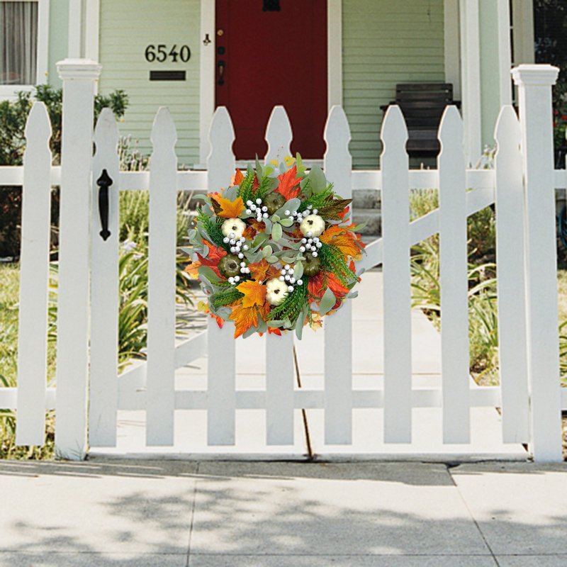 Halloween Wreaths for Front Door - Artificial Fall Maple Leaf & Pumpkin Decor - Variation H