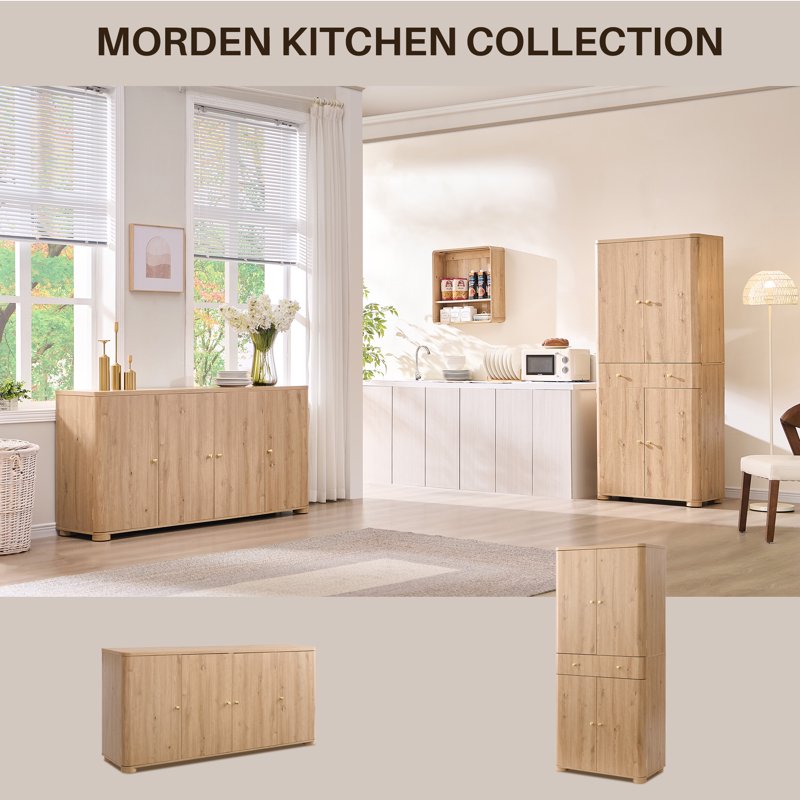 Curved Coffee Bar Storage Cabinet - 66" Natural Sideboard with 4 Doors
