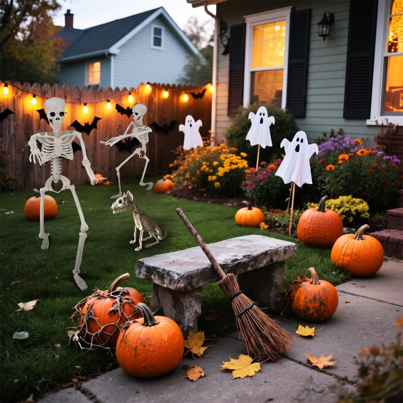Halloween Human and Cat Skeleton Set - 90cm Posable Full Body Decor
