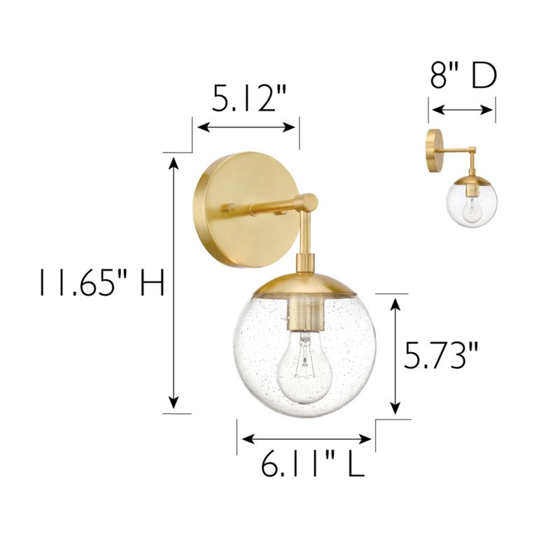 Satin Gold Modern Dimmable Wall Sconce with Clear Seedy Glass Globe Shade - Ideal for Bathrooms, Kitchens, Hallways