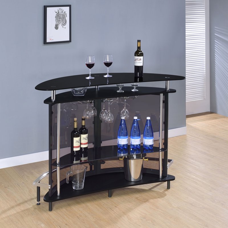 Freestanding Home Bar with Glass Top and Stemware Rack - Black