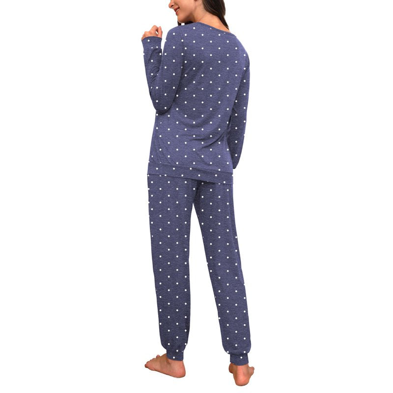 MINTREUS Women's Pajama Set Long Sleeve Sleepwear with Pockets - Navy Blue M