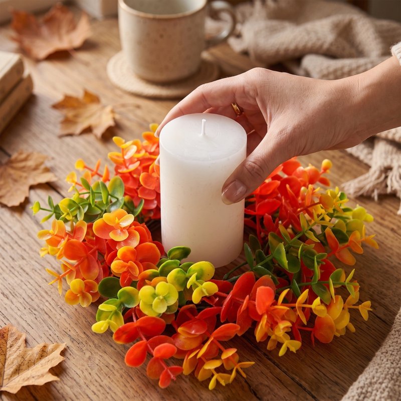 Fall Eucalyptus Candle Ring - Artificial Autumn Leaf Wreath with Colorful Round Leaves, Rustic Harvest Decor, 11.8 inches - Variation #3