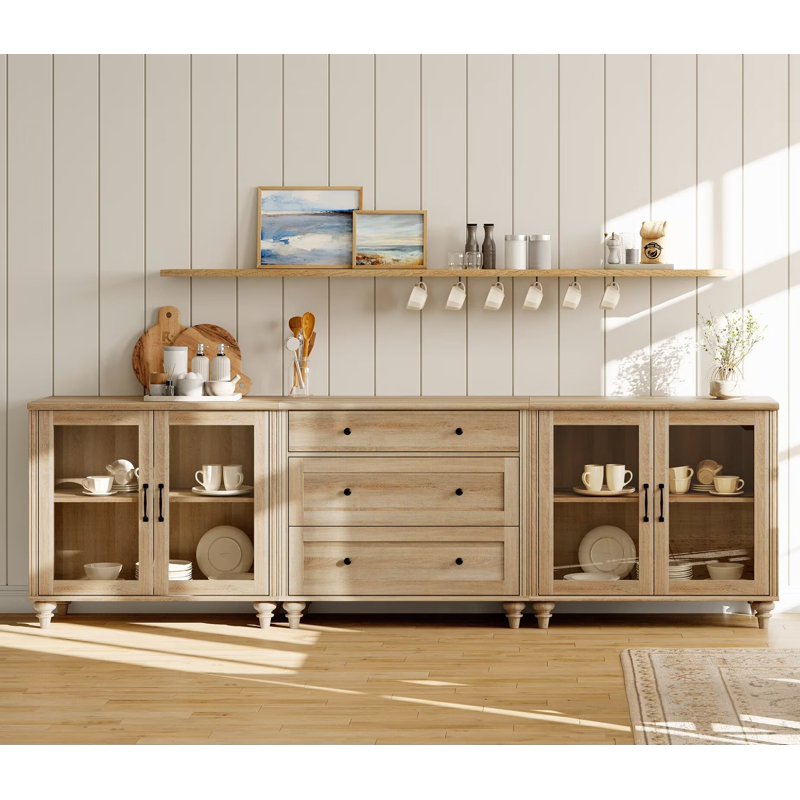 3-in-1 Kitchen Storage Cabinet with Glass Doors & Drawers - Oak