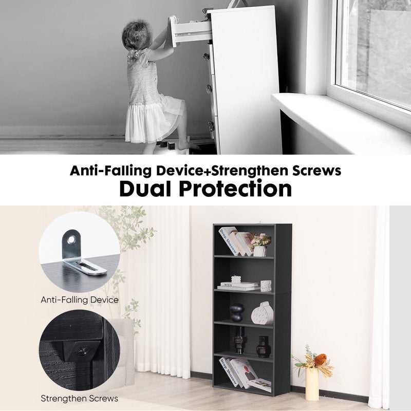 5-Tier Wooden Bookcase - Adjustable Shelves, Anti-Tip Design