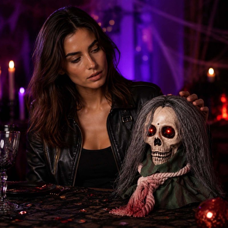 Halloween Moving Skull Head Prop with Long Hair & Glowing Red Eyes - White Variation