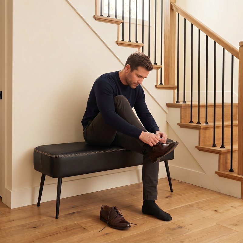 Mid-Century Modern Entryway Bench - Black Synthetic Leather