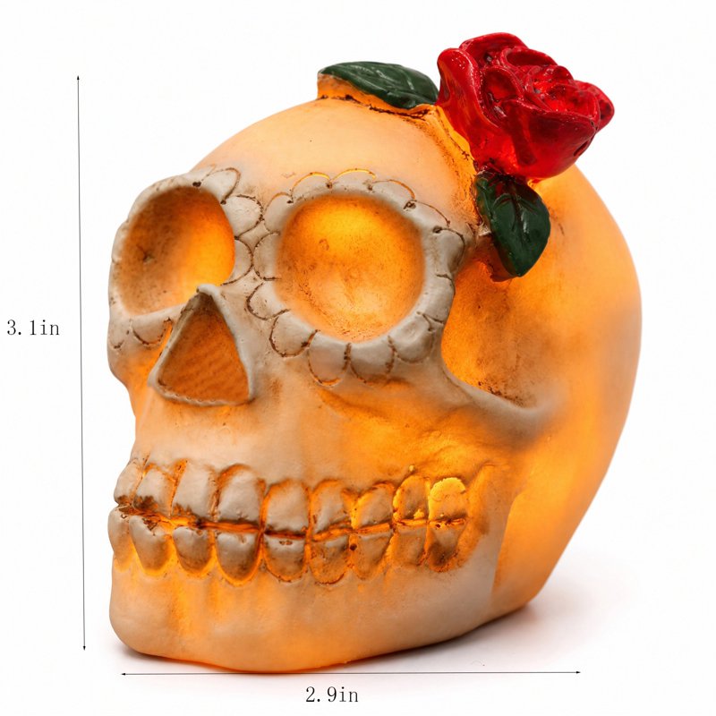 Halloween Skull Rose Lamp - Gothic Resin Nightlight with Warm Candle Glow - Variation #359B