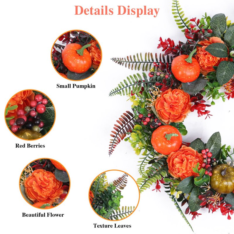 Fall Wreath for Front Door - 17.7in Halloween Autumn Decor with Pumpkins and Berries