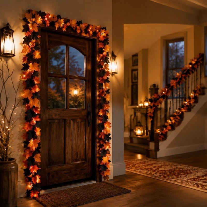 Halloween Artificial Maple Leaf Garland - Black F, 79-Inch Fall Decor with Pumpkins & Spiders