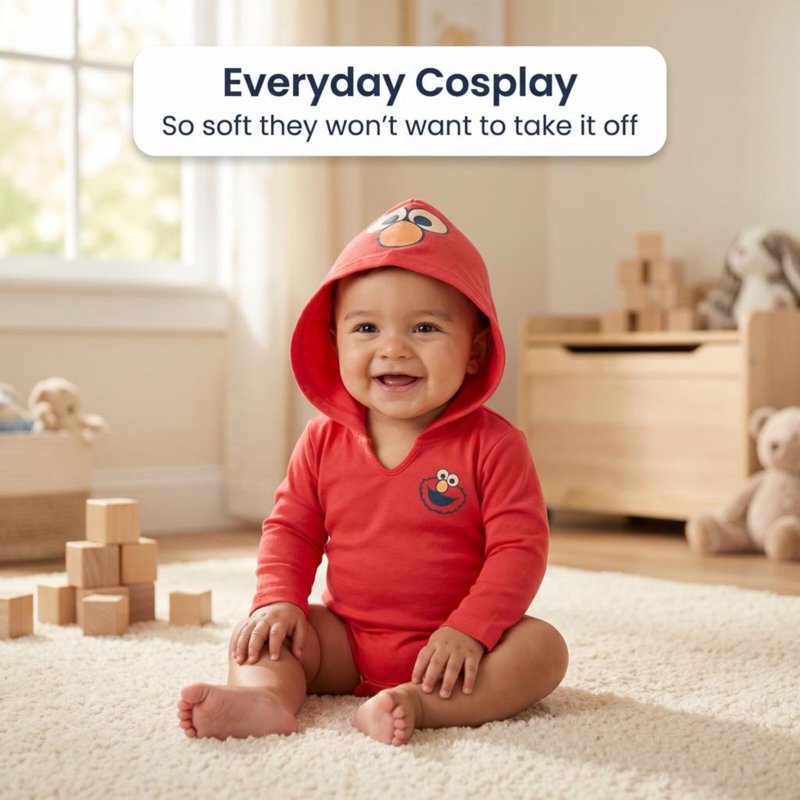 Baby Cosplay Bodysuits 3 Pack - Sesame Street Elmo Cookie Monster Big Bird 12 Months Blue Cream Red