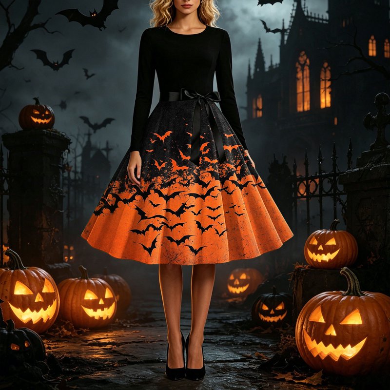 Women's Vintage Halloween Bat Print Swing Dress with Satin Sash - Orange, L