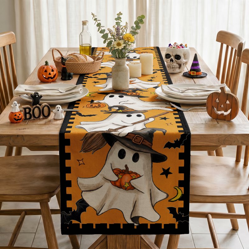 Halloween Table Runner Ghost Pumpkin 13x72 Inch - Indoor Outdoor Decor, Orange Variation H