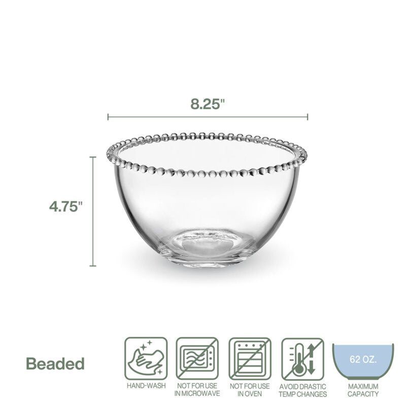 Beaded Clear Glass Serving Bowl - 8.25 Inch Diameter