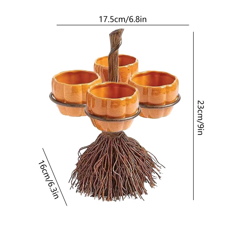 Halloween Candy Bowl Stand with Pumpkin Bowls & Broomstick Base - Variation #003